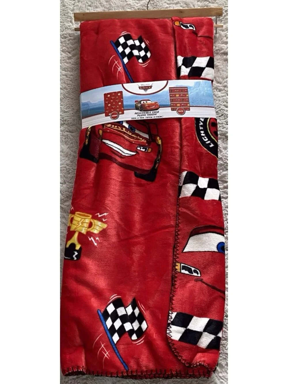 DISNEY Pixar CARS LIGHTNING MCQUEEN Reversible Coco Throw Blanket 50 X 70” NEW
